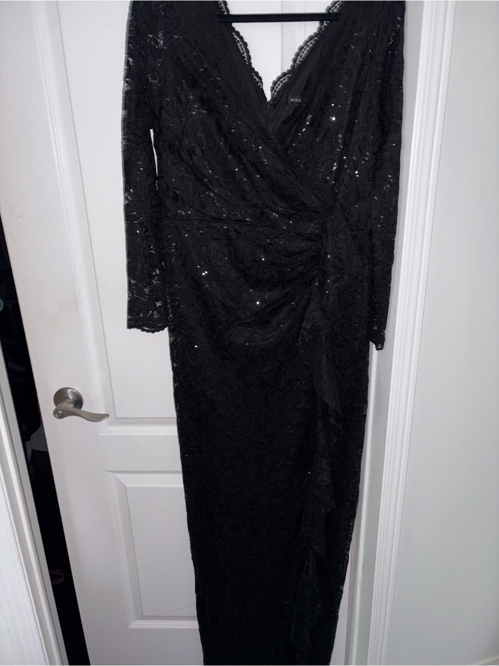 MARINA Black Lace Long-Sleeve Sequin Gown